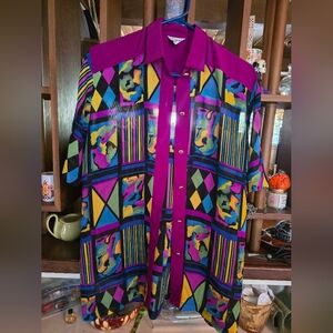 Chloe Vintage Vibrant Geometric Patterned Button Down Blouse